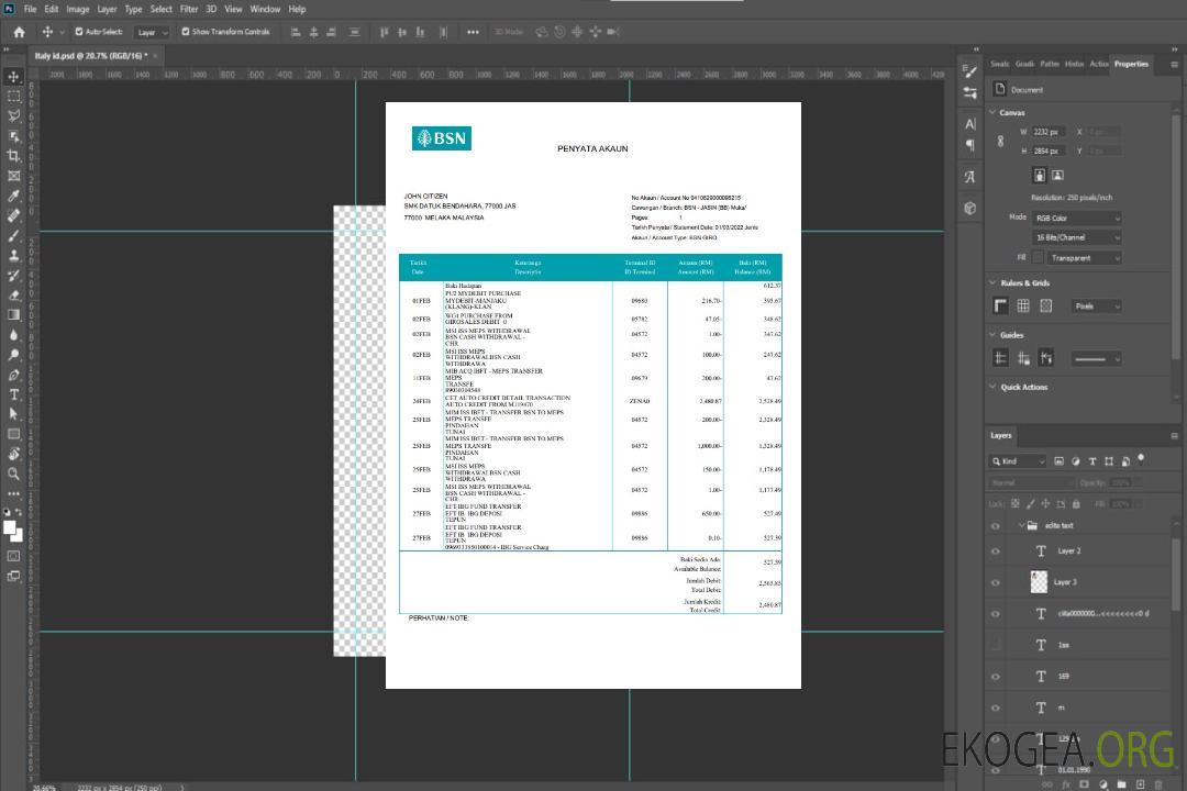 Relevé bancaire BSN de Malaisie template